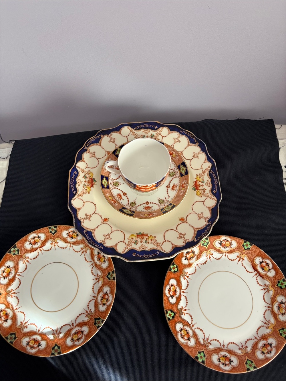 Royal Albert, etc. Porcelain Tea Cup and Plate Set in Blue, Orange, and Gold